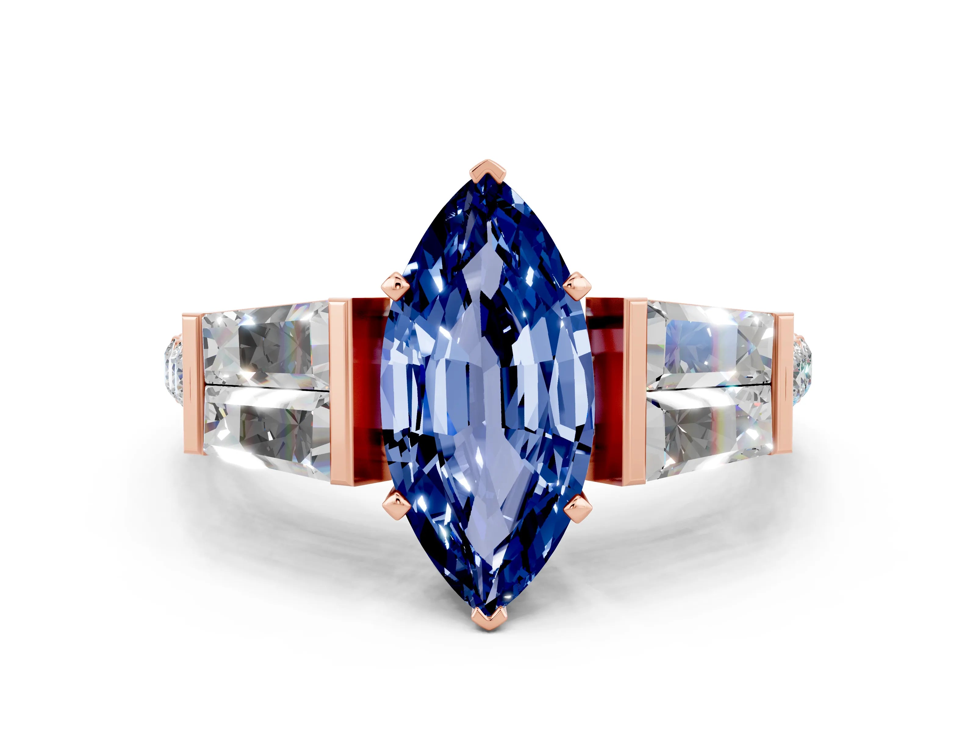 Rose gold Marquise Cut Blue Sapphire Engagement Ring with Baguette Side Stones and Channel Set Band