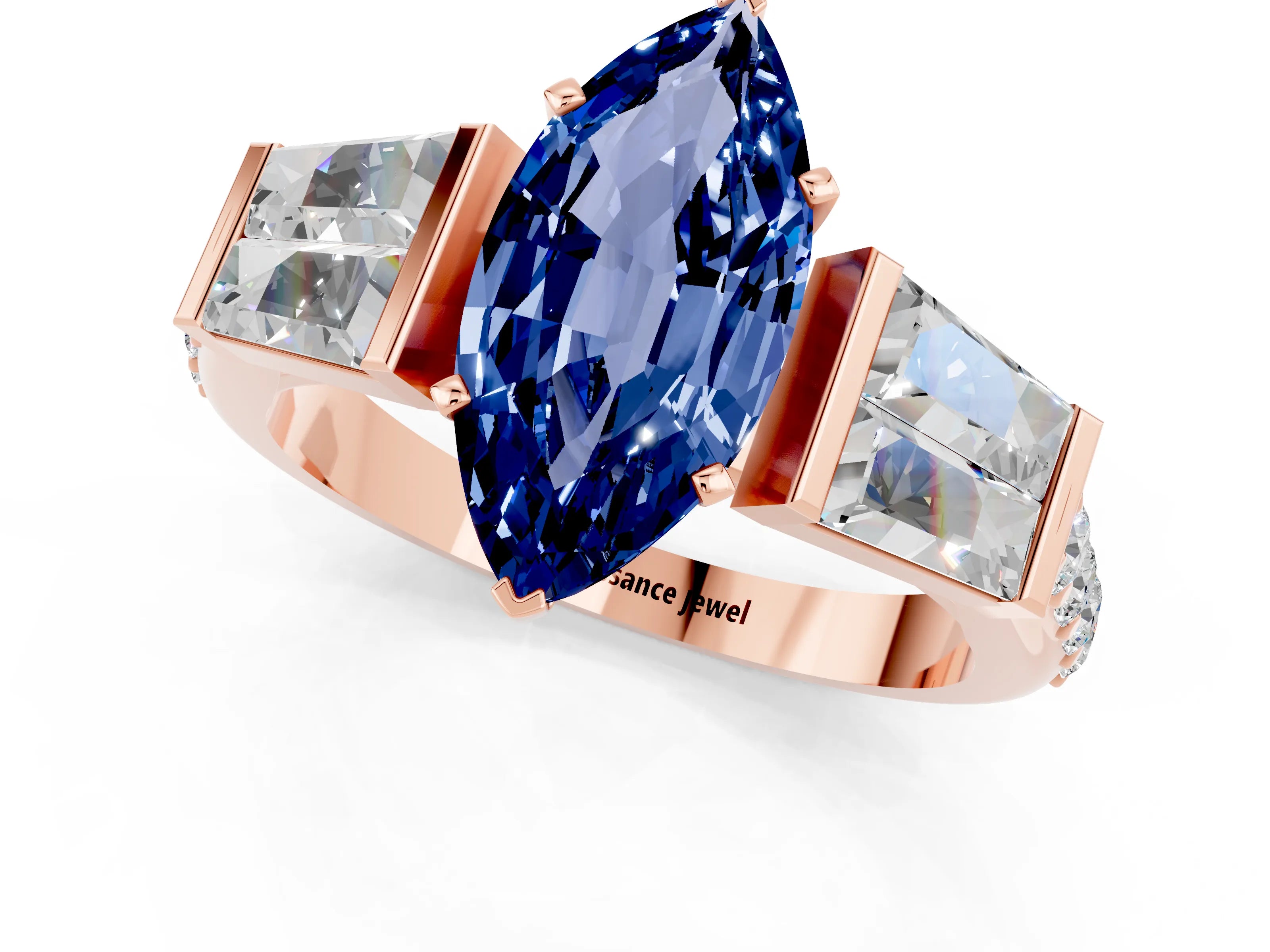 Rose gold Marquise Cut Blue Sapphire Engagement Ring with Baguette Side Stones and Channel Set Band_1