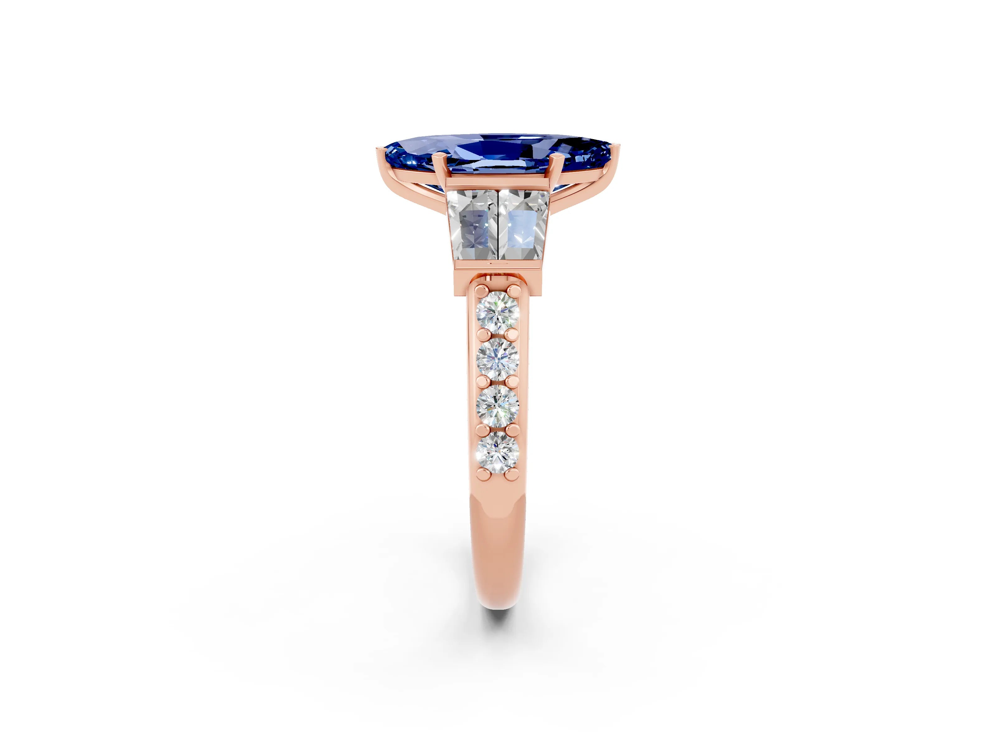Rose gold Marquise Cut Blue Sapphire Engagement Ring with Baguette Side Stones and Channel Set Band_2
