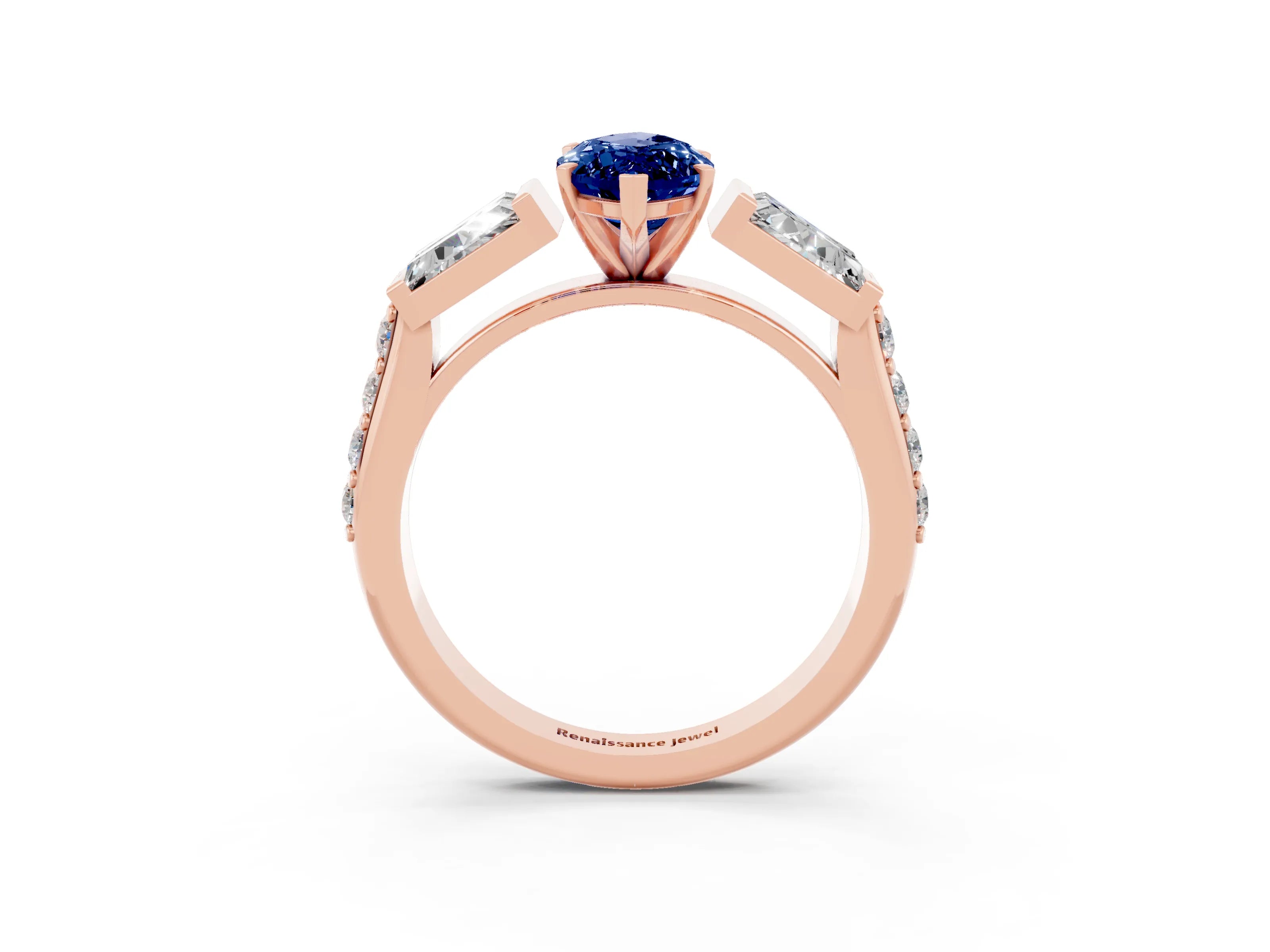 Rose gold Marquise Cut Blue Sapphire Engagement Ring with Baguette Side Stones and Channel Set Band_3