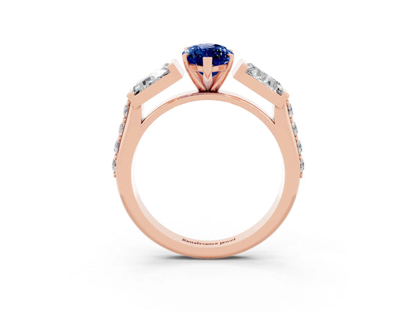 Rose gold Marquise Cut Blue Sapphire Engagement Ring with Baguette Side Stones and Channel Set Band