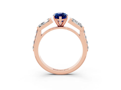 Rose gold Marquise Cut Blue Sapphire Engagement Ring with Baguette Side Stones and Channel Set Band_3