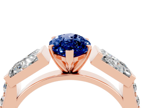 Rose gold Marquise Cut Blue Sapphire Engagement Ring with Baguette Side Stones and Channel Set Band_4
