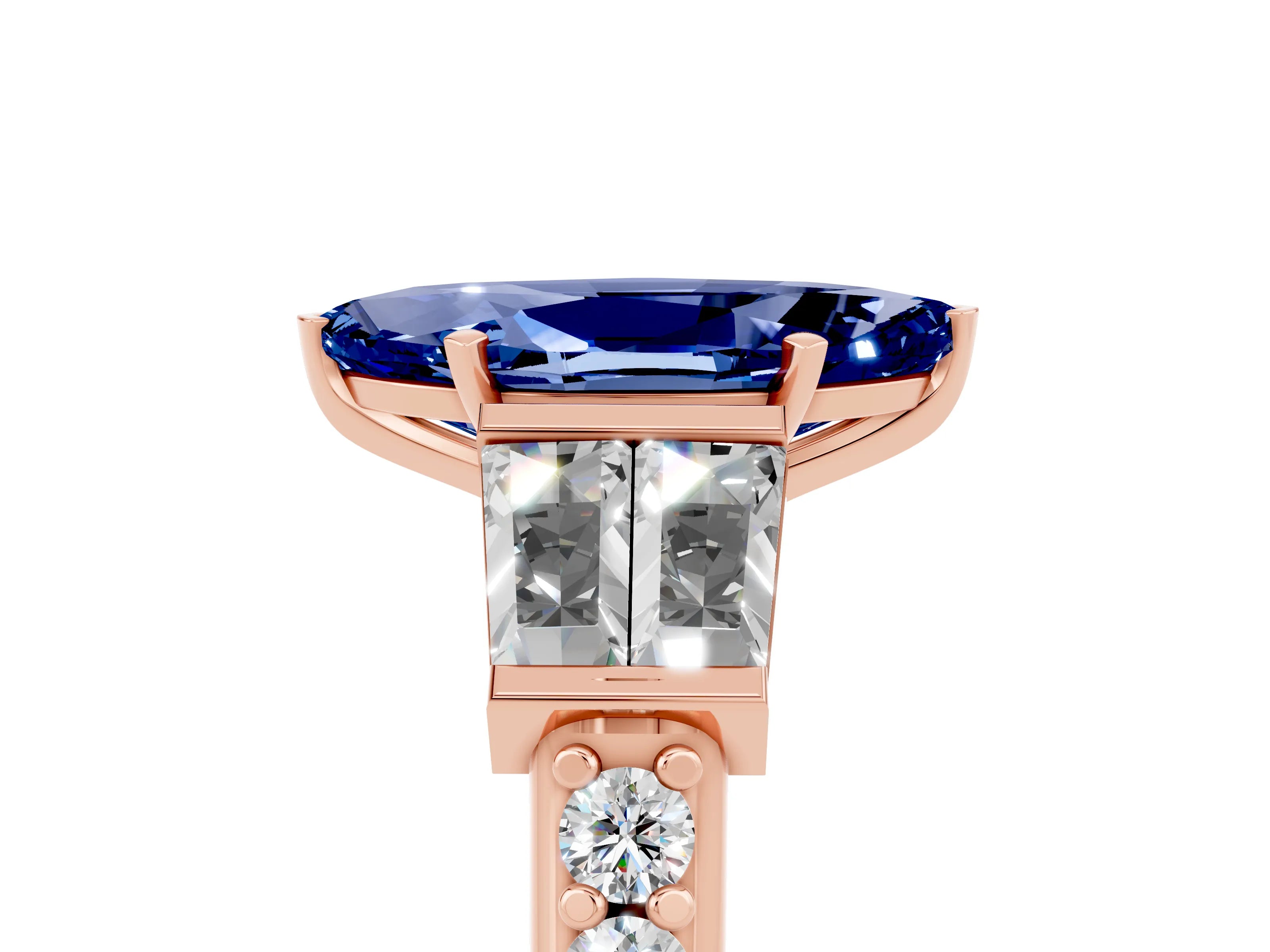 Rose gold Marquise Cut Blue Sapphire Engagement Ring with Baguette Side Stones and Channel Set Band_5