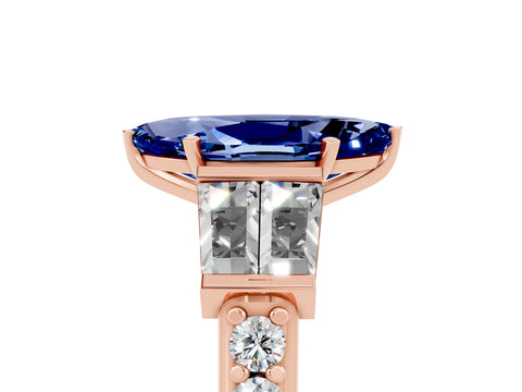 Rose gold Marquise Cut Blue Sapphire Engagement Ring with Baguette Side Stones and Channel Set Band_5