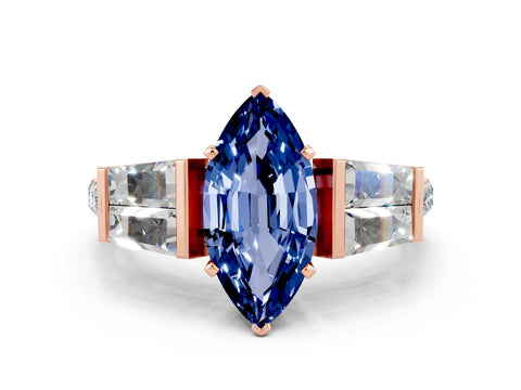 Rose gold Marquise Cut Blue Sapphire Engagement Ring with Baguette Side Stones and Channel Set Band