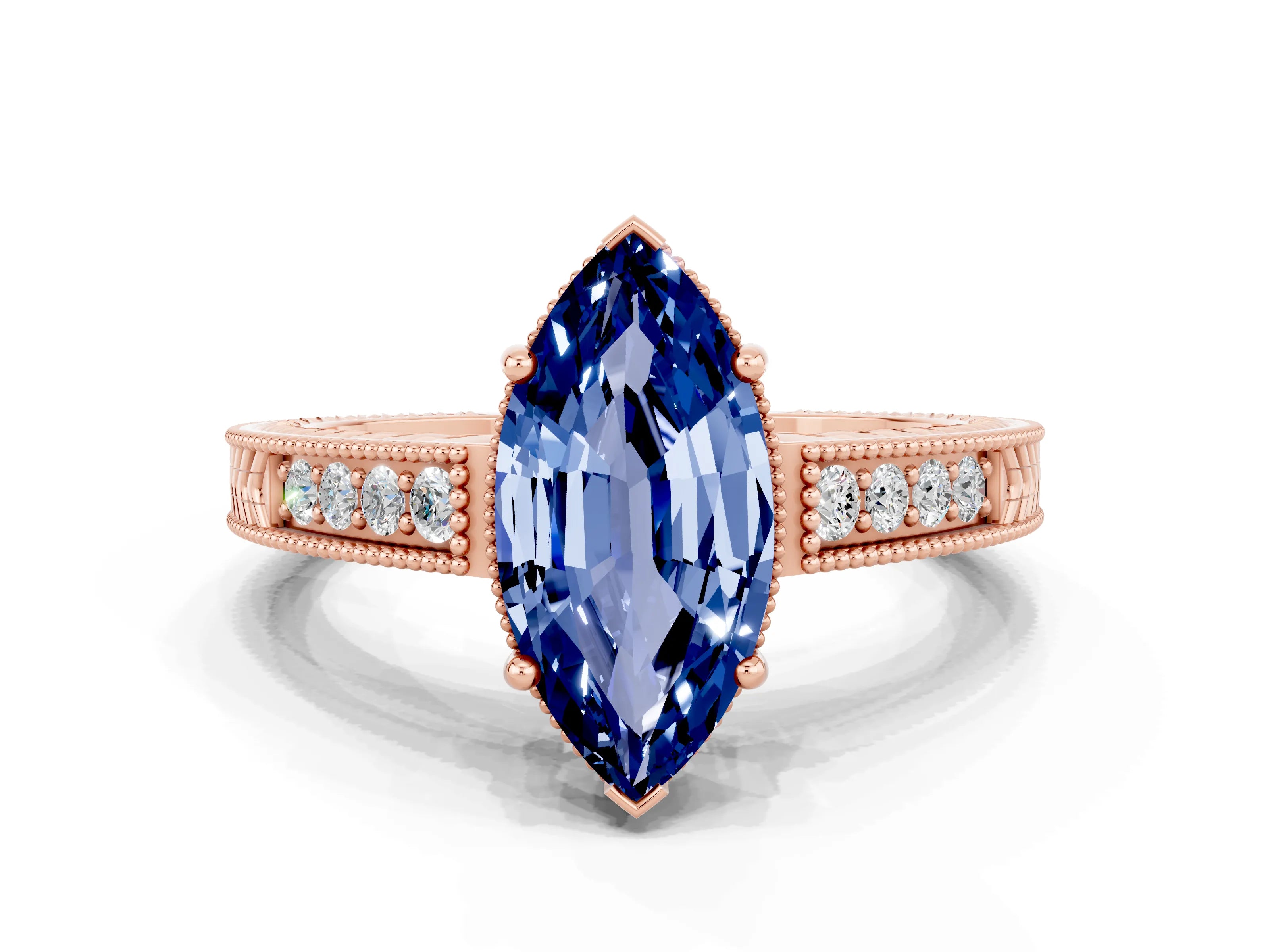 Rose gold Marquise Cut Blue Sapphire Engagement Ring with Milgrain Channel Set Band and Prong Setting