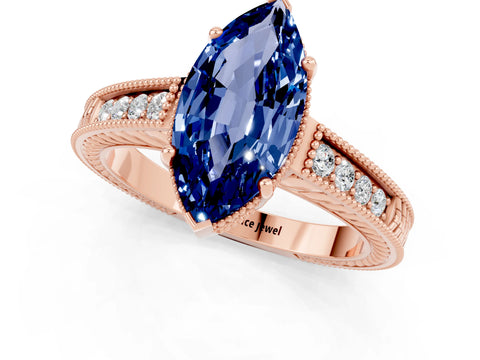 Rose gold Marquise Cut Blue Sapphire Engagement Ring with Milgrain Channel Set Band and Prong Setting_1