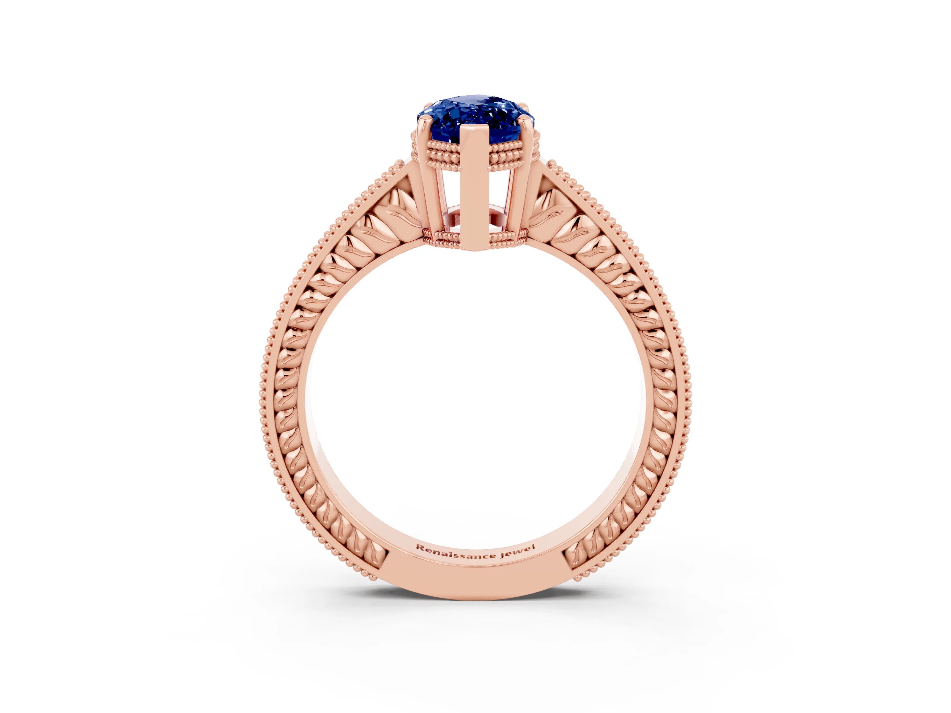 Rose gold Marquise Cut Blue Sapphire Engagement Ring with Milgrain Channel Set Band and Prong Setting_3