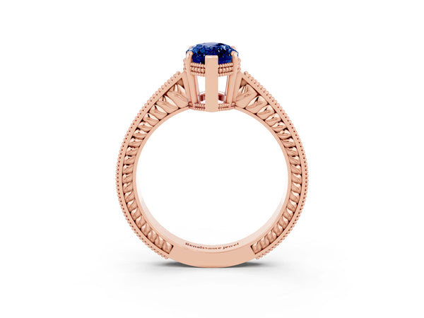 Rose gold Marquise Cut Blue Sapphire Engagement Ring with Milgrain Channel Set Band and Prong Setting