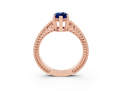 Rose gold Marquise Cut Blue Sapphire Engagement Ring with Milgrain Channel Set Band and Prong Setting_3