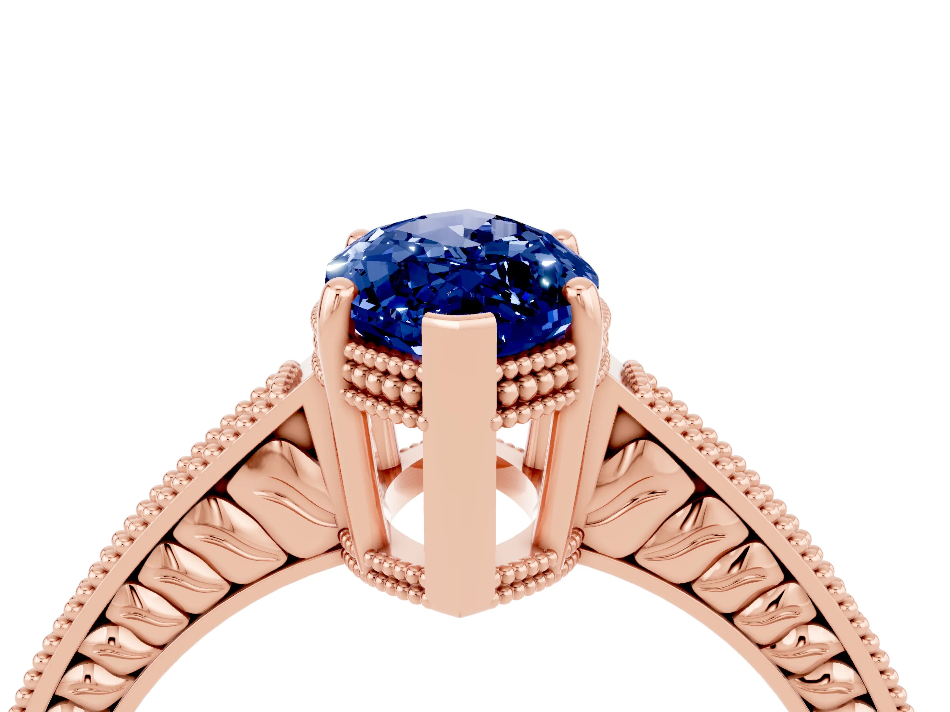 Rose gold Marquise Cut Blue Sapphire Engagement Ring with Milgrain Channel Set Band and Prong Setting_4