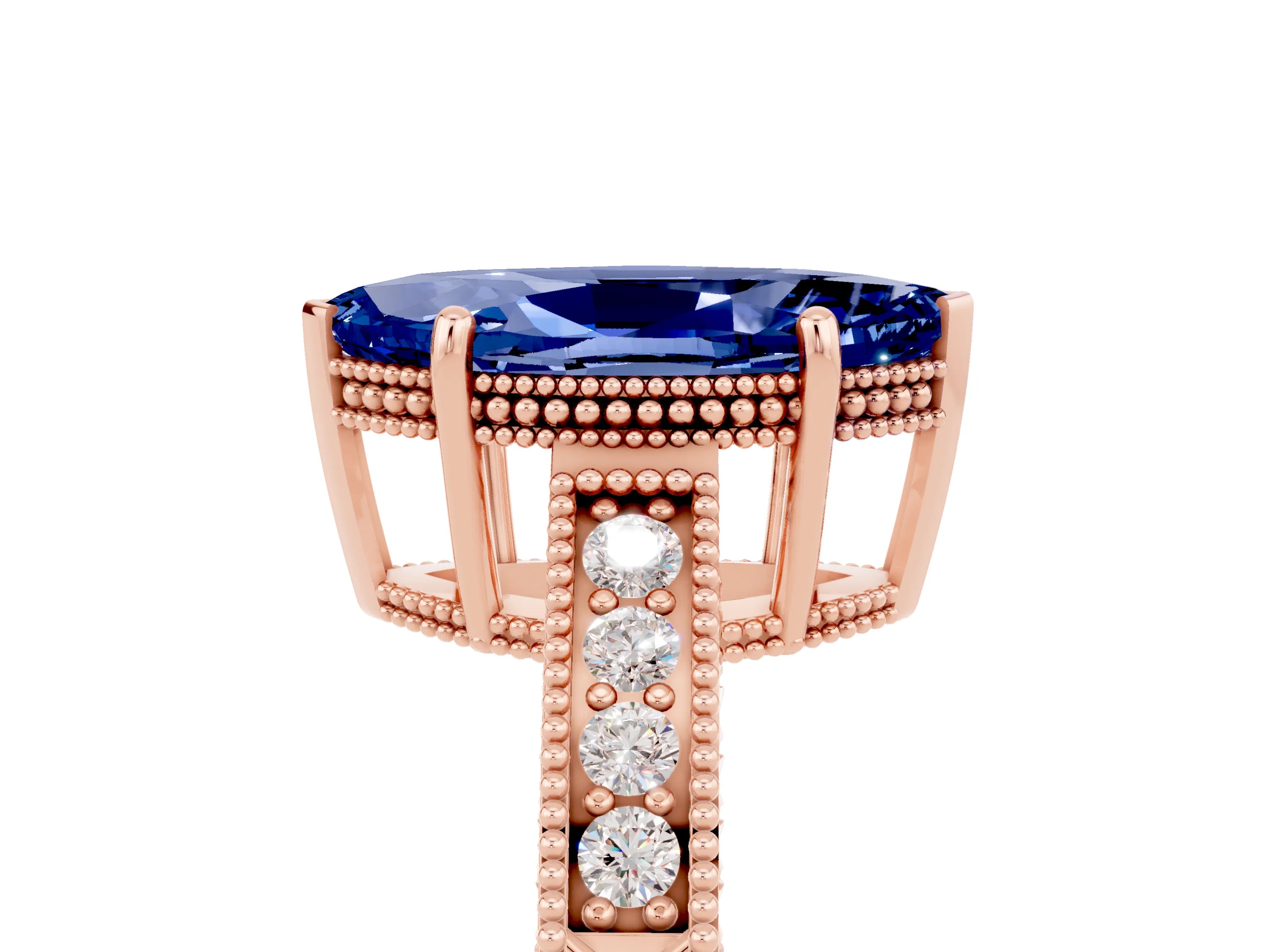 Rose gold Marquise Cut Blue Sapphire Engagement Ring with Milgrain Channel Set Band and Prong Setting_5