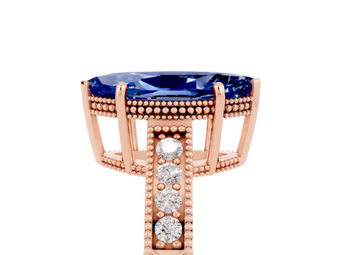 Rose gold Marquise Cut Blue Sapphire Engagement Ring with Milgrain Channel Set Band and Prong Setting_5
