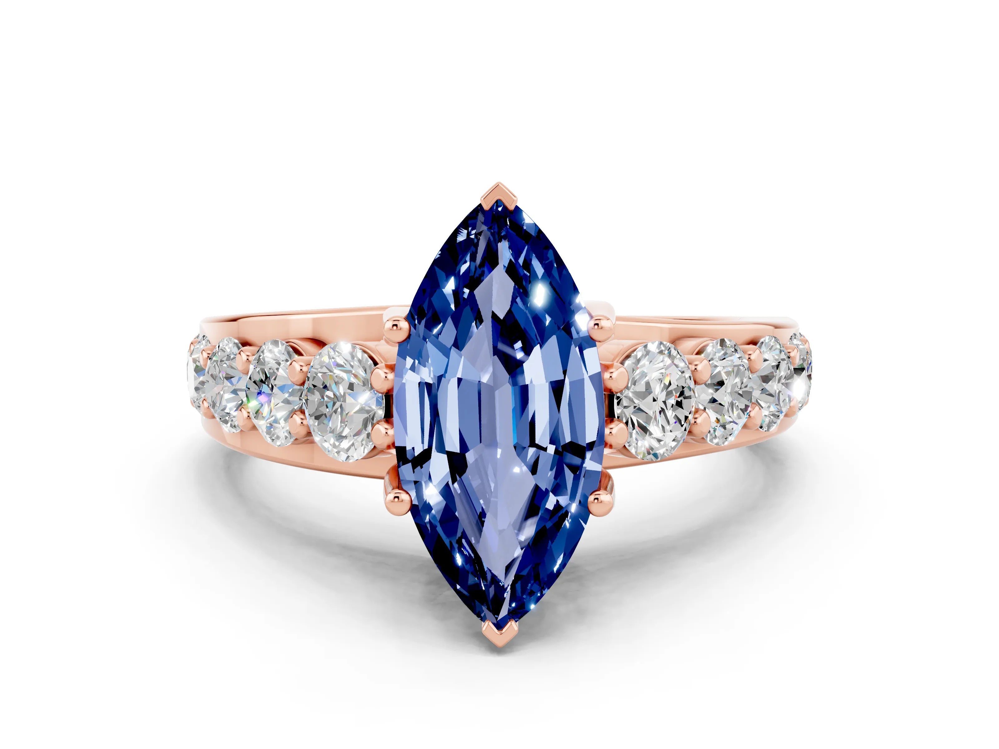Rose gold Marquise Cut Blue Sapphire Engagement Ring with Pavé Band and Four-Prong Setting