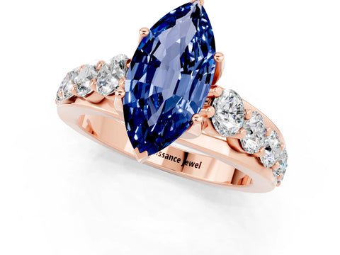 Rose gold Marquise Cut Blue Sapphire Engagement Ring with Pavé Band and Four-Prong Setting_1