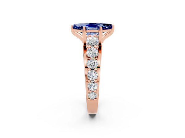 Rose gold Marquise Cut Blue Sapphire Engagement Ring with Pavé Band and Four-Prong Setting