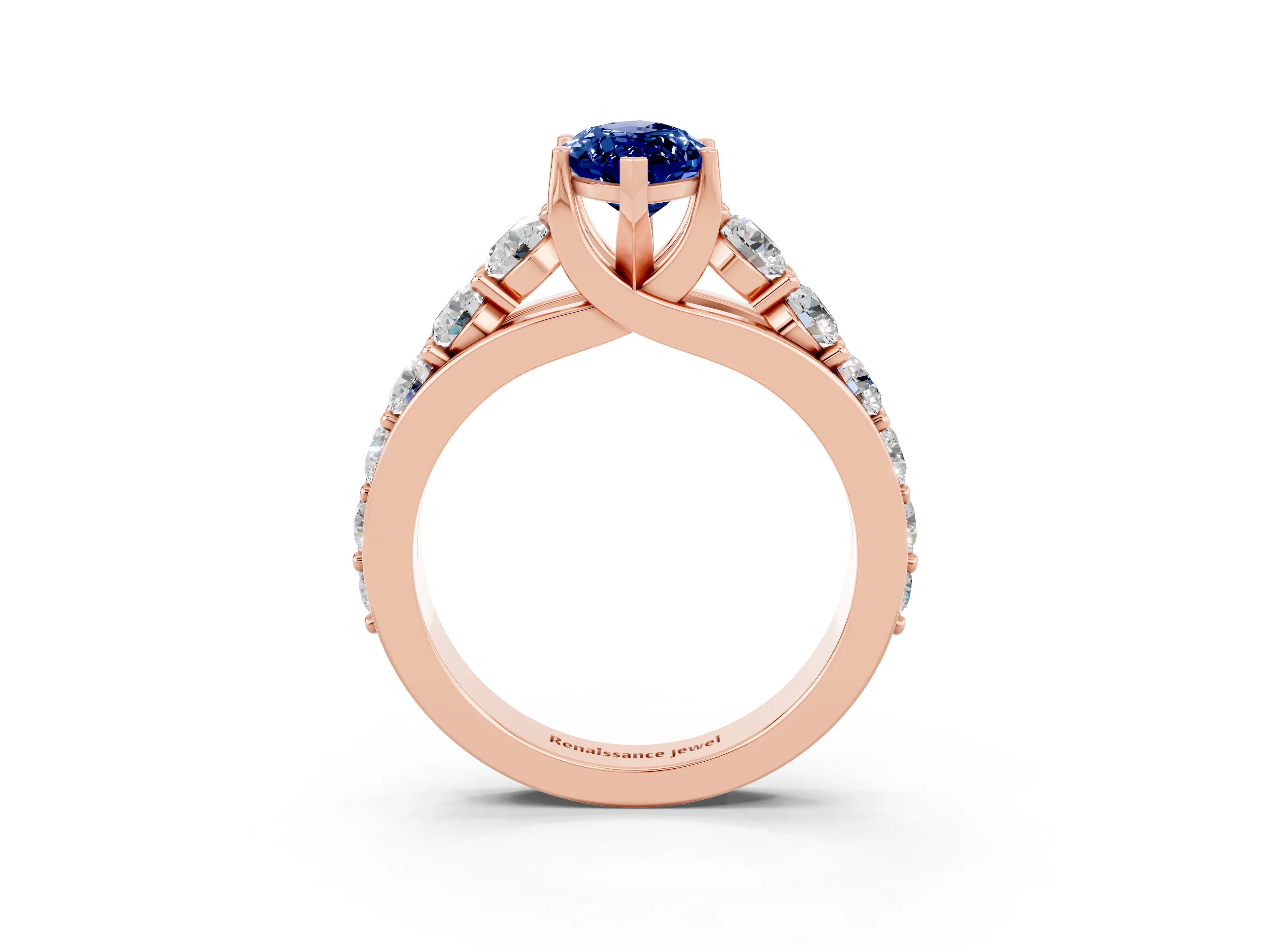 Rose gold Marquise Cut Blue Sapphire Engagement Ring with Pavé Band and Four-Prong Setting_3