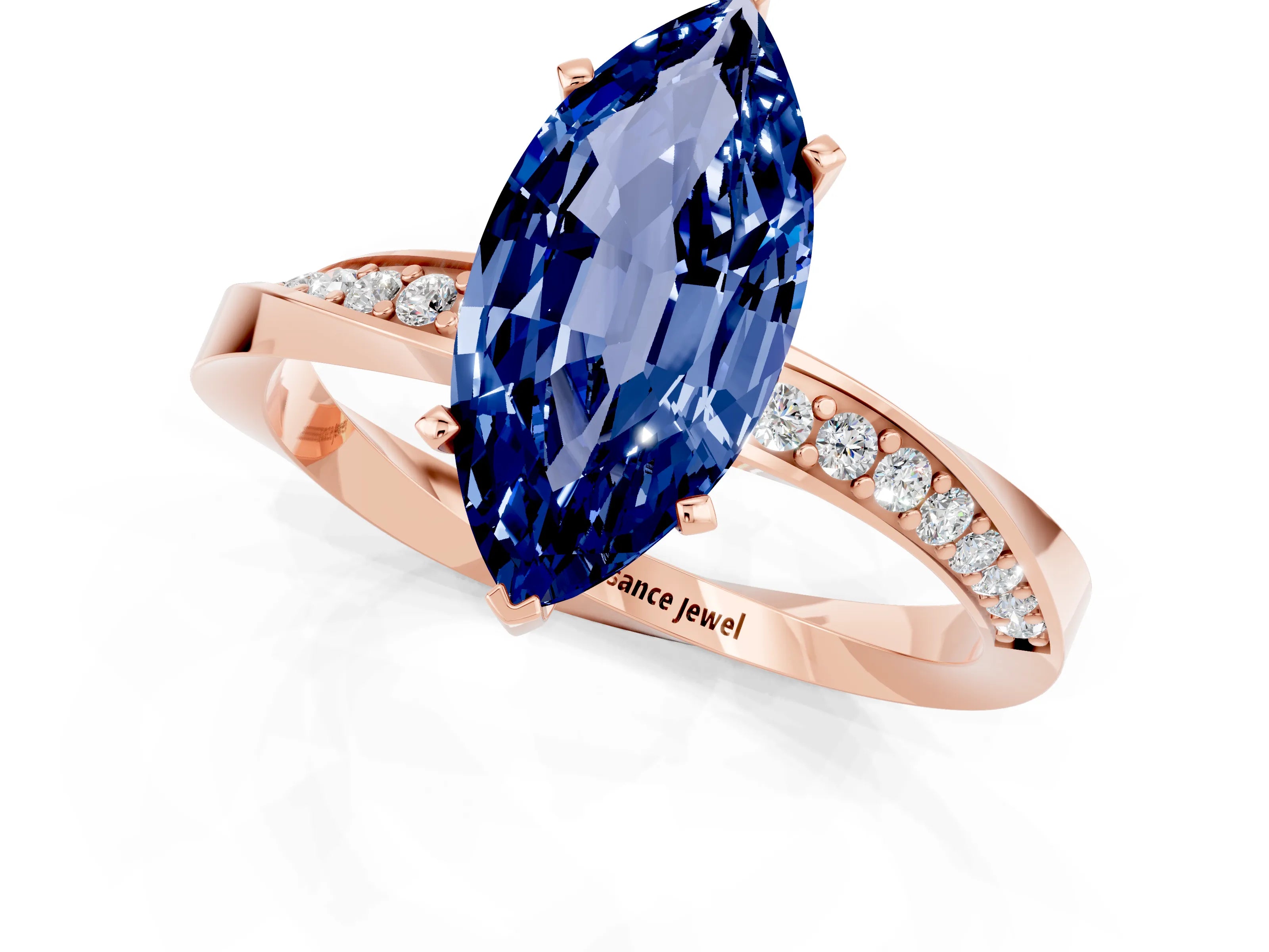 Rose gold Marquise Cut Blue Sapphire Engagement Ring with Side Stone Accents and Four-Prong Setting_28
