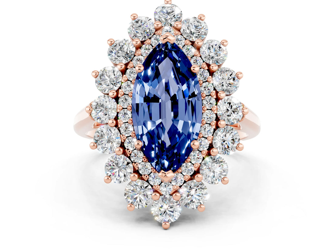 Rose gold Marquise Cut Blue Sapphire Floral Double Halo Engagement Ring with Prong Setting_48