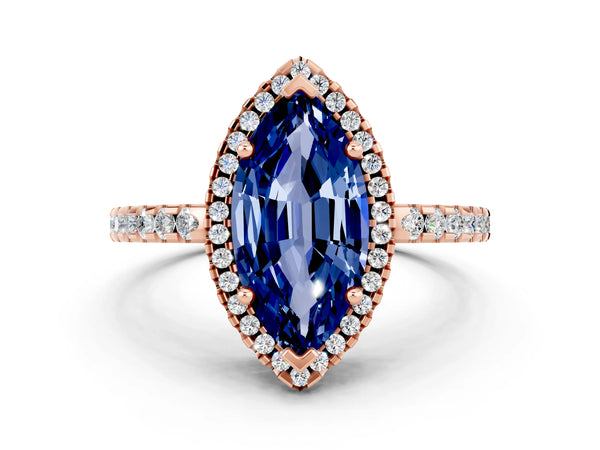 Rose gold Marquise Cut Blue Sapphire Halo Engagement Ring with Pavé Band and Prong Setting