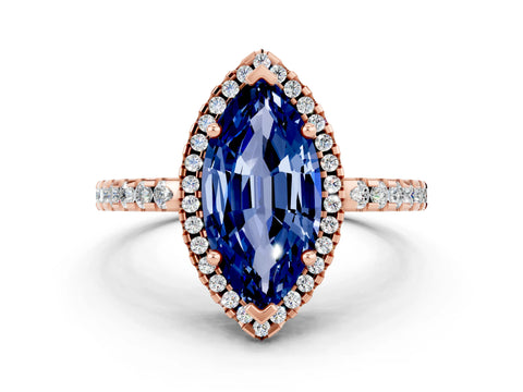 Rose gold Marquise Cut Blue Sapphire Halo Engagement Ring with Pavé Band and Prong Setting_12