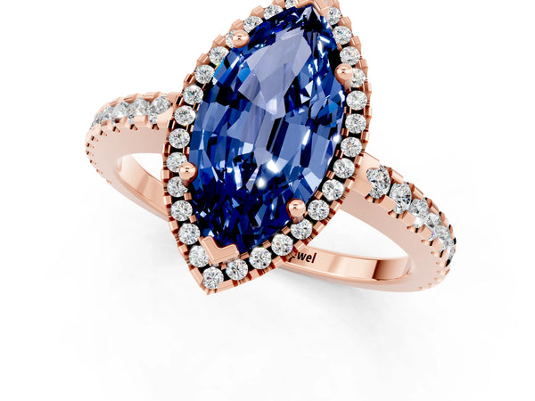 Rose gold Marquise Cut Blue Sapphire Halo Engagement Ring with Pavé Band and Prong Setting