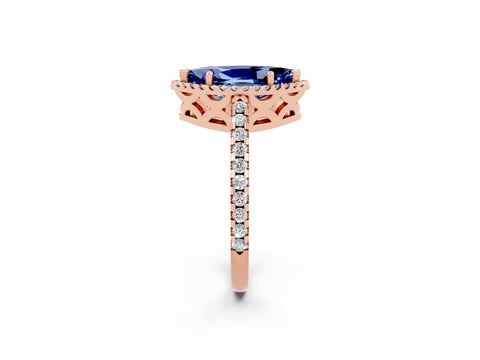 Rose gold Marquise Cut Blue Sapphire Halo Engagement Ring with Pavé Band and Prong Setting_14