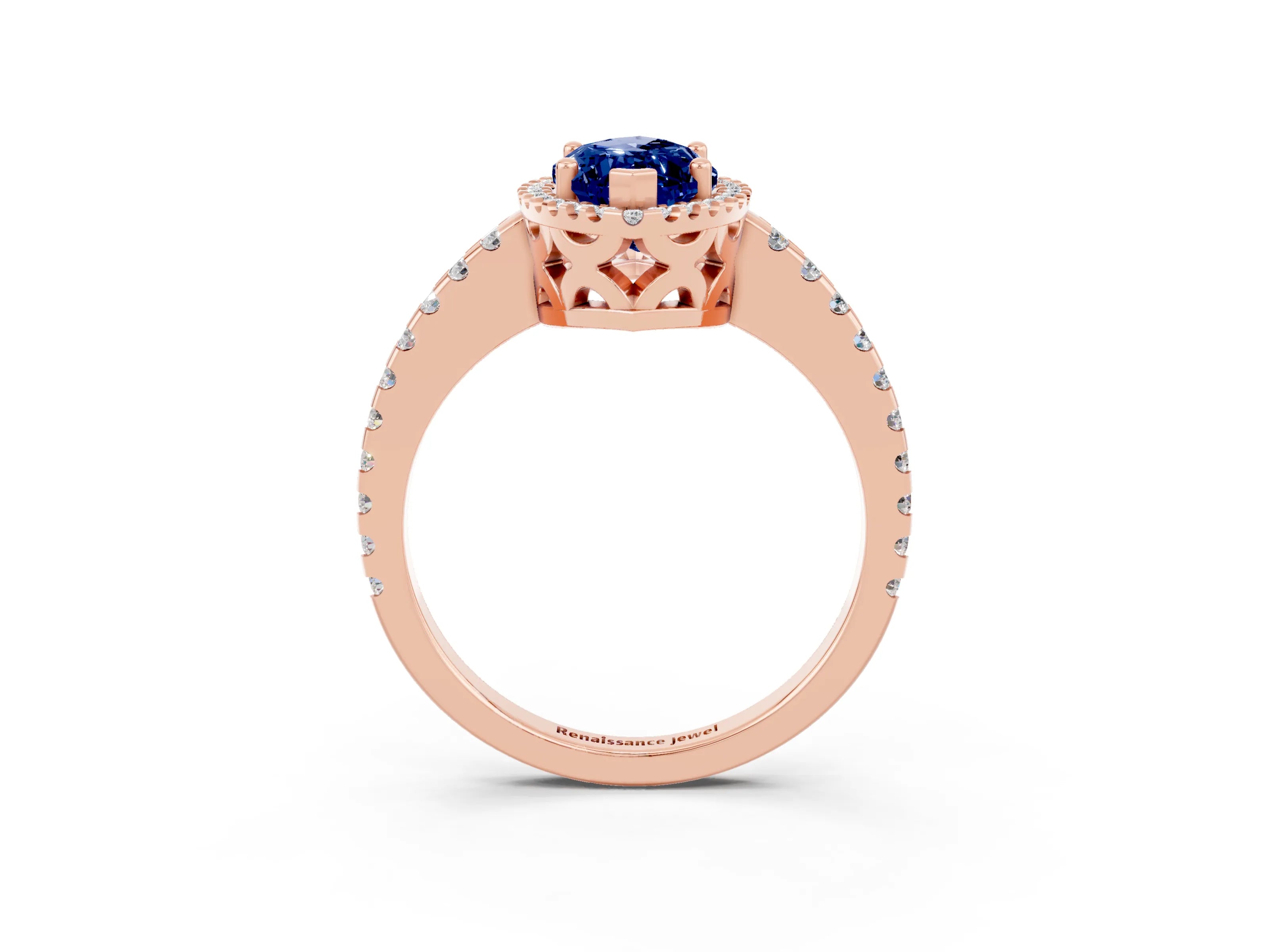 Rose gold Marquise Cut Blue Sapphire Halo Engagement Ring with Pavé Band and Prong Setting_15