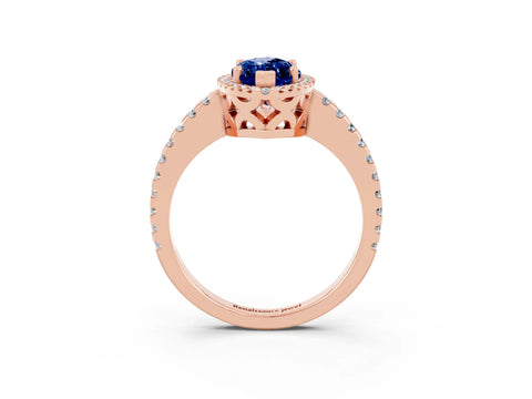 Rose gold Marquise Cut Blue Sapphire Halo Engagement Ring with Pavé Band and Prong Setting_15