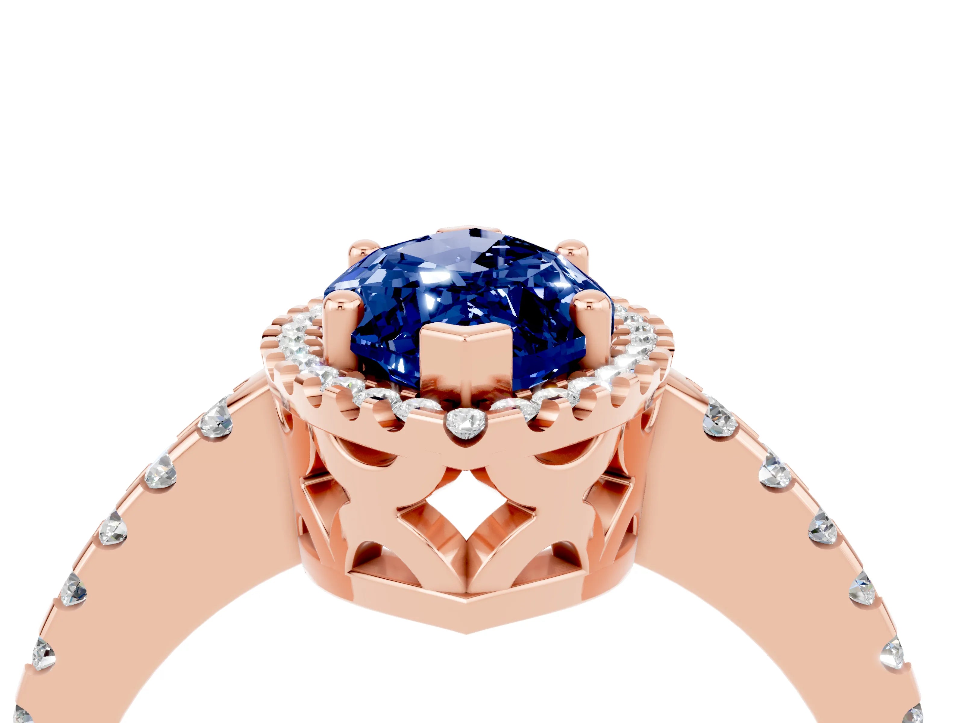 Rose gold Marquise Cut Blue Sapphire Halo Engagement Ring with Pavé Band and Prong Setting_16