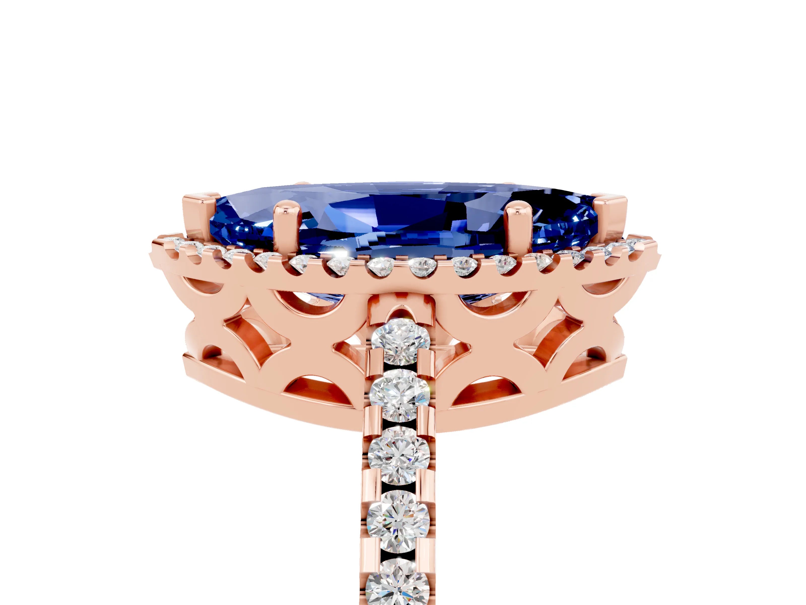 Rose gold Marquise Cut Blue Sapphire Halo Engagement Ring with Pavé Band and Prong Setting_17