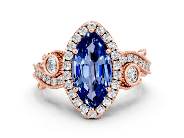 Rose gold Marquise Cut Blue Sapphire Halo Ring with Milgrain Pavé Band and Four-Prong Setting