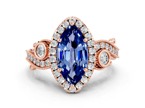 Rose gold Marquise Cut Blue Sapphire Halo Ring with Milgrain Pavé Band and Four-Prong Setting_12