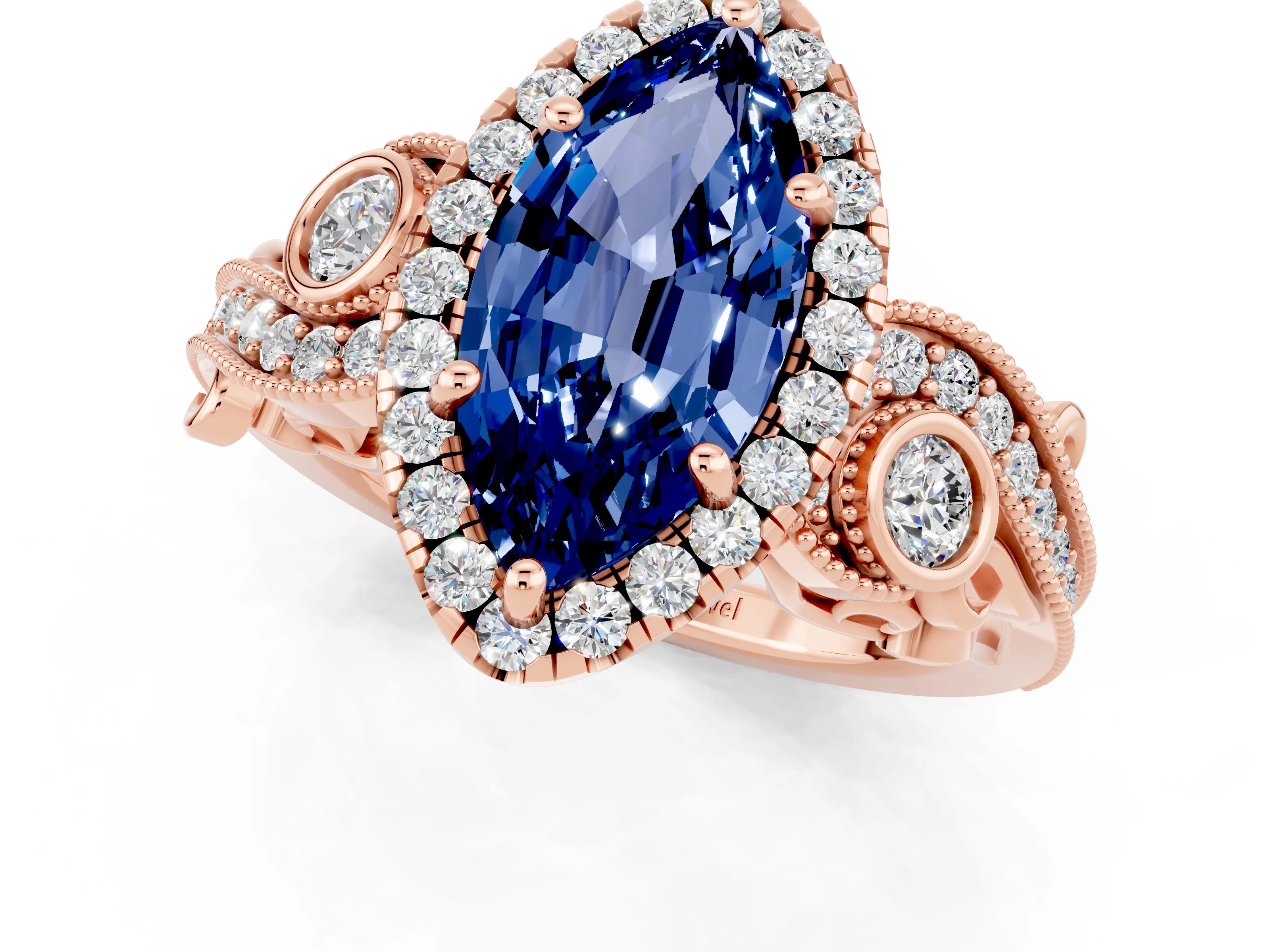 Rose gold Marquise Cut Blue Sapphire Halo Ring with Milgrain Pavé Band and Four-Prong Setting_13
