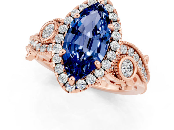 Rose gold Marquise Cut Blue Sapphire Halo Ring with Milgrain Pavé Band and Four-Prong Setting