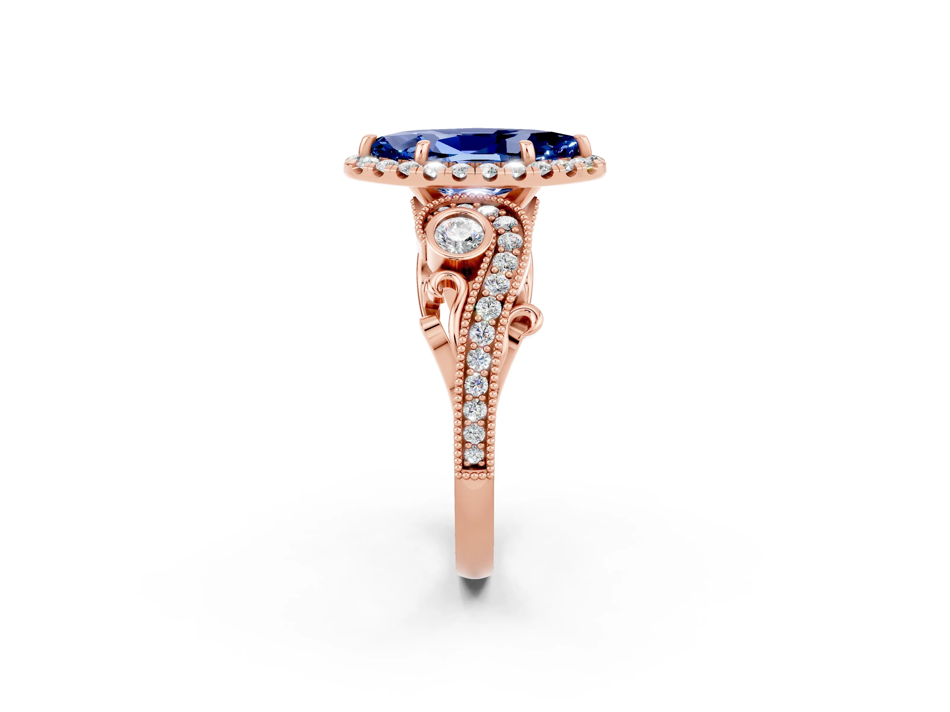 Rose gold Marquise Cut Blue Sapphire Halo Ring with Milgrain Pavé Band and Four-Prong Setting_14