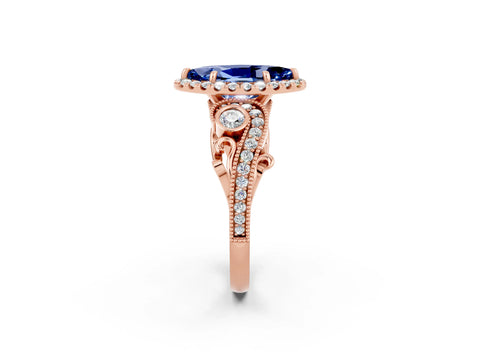 Rose gold Marquise Cut Blue Sapphire Halo Ring with Milgrain Pavé Band and Four-Prong Setting_14