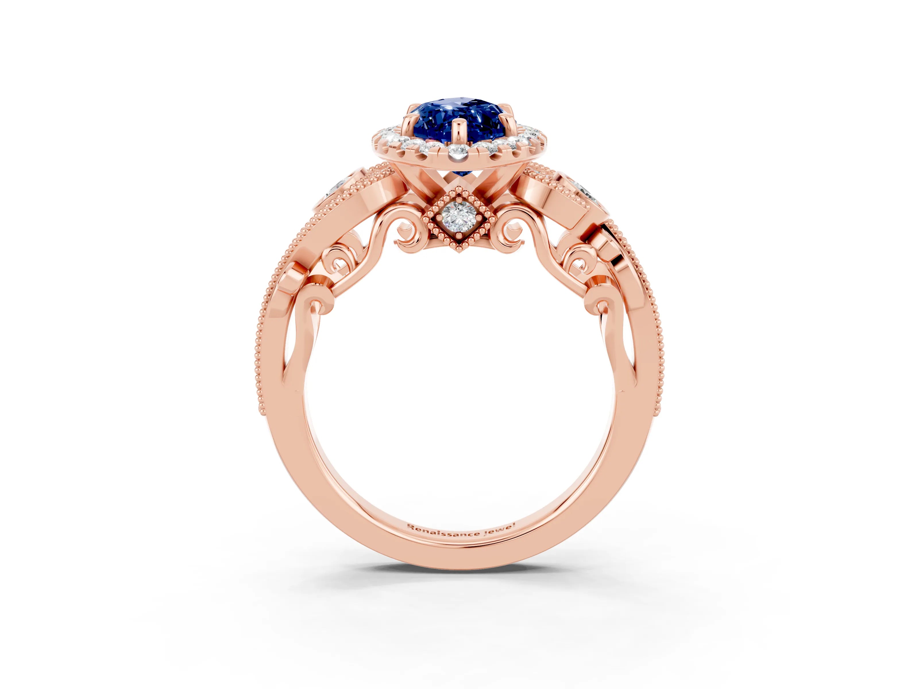 Rose gold Marquise Cut Blue Sapphire Halo Ring with Milgrain Pavé Band and Four-Prong Setting_15