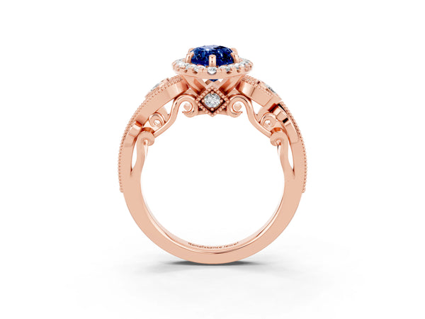 Rose gold Marquise Cut Blue Sapphire Halo Ring with Milgrain Pavé Band and Four-Prong Setting