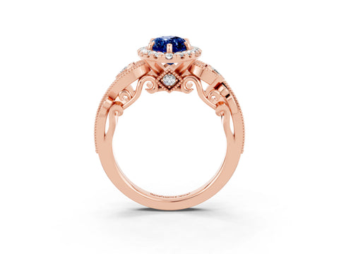 Rose gold Marquise Cut Blue Sapphire Halo Ring with Milgrain Pavé Band and Four-Prong Setting_15