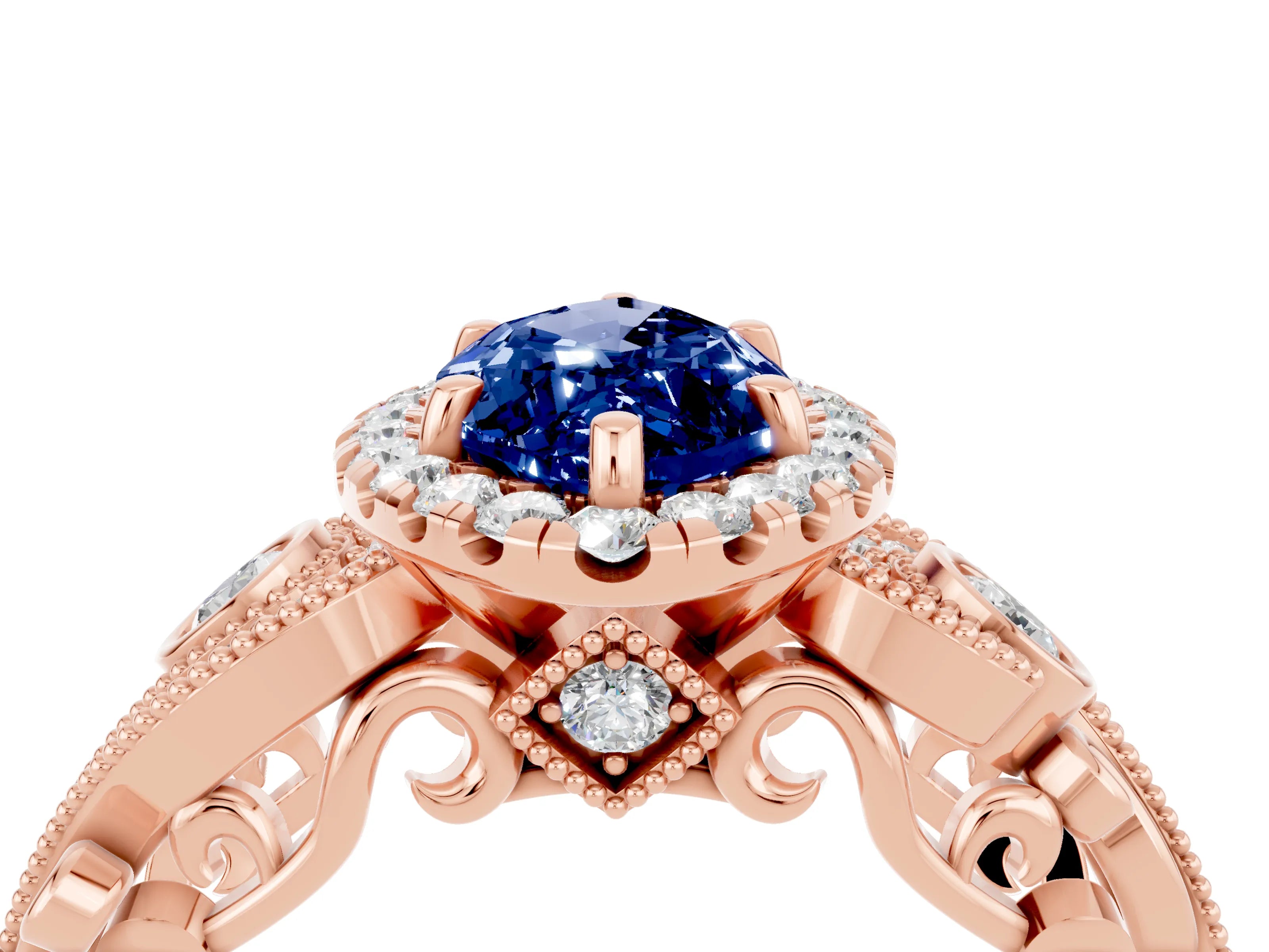 Rose gold Marquise Cut Blue Sapphire Halo Ring with Milgrain Pavé Band and Four-Prong Setting_16