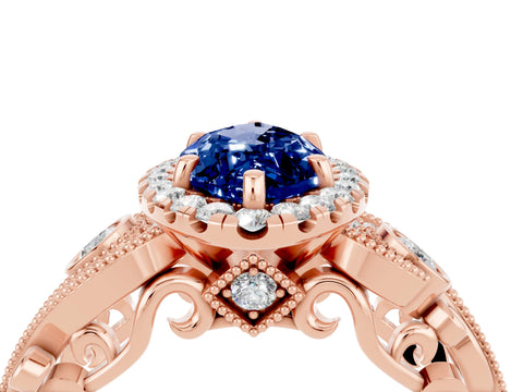 Rose gold Marquise Cut Blue Sapphire Halo Ring with Milgrain Pavé Band and Four-Prong Setting_16