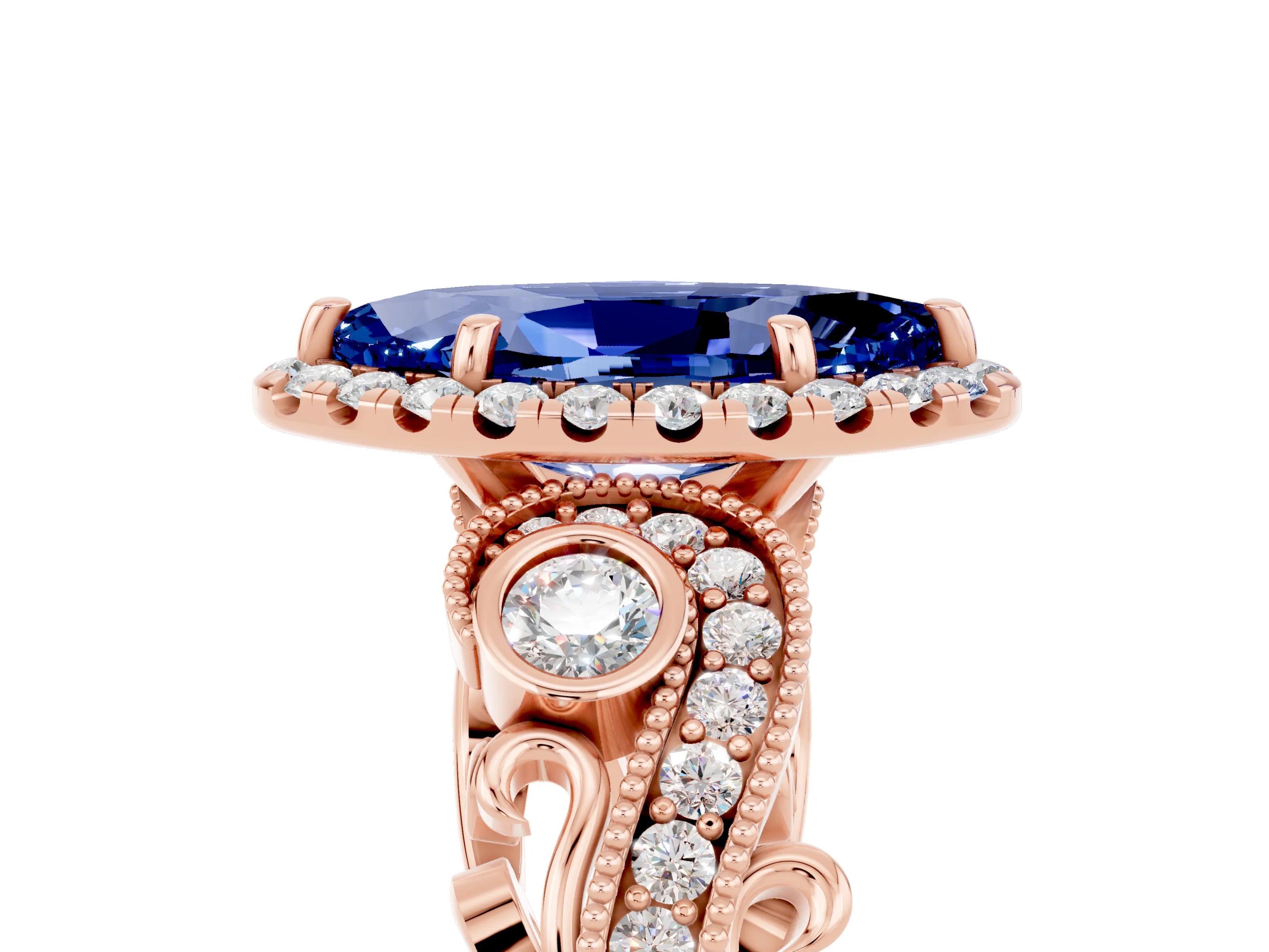 Rose gold Marquise Cut Blue Sapphire Halo Ring with Milgrain Pavé Band and Four-Prong Setting_17