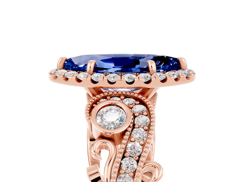 Rose gold Marquise Cut Blue Sapphire Halo Ring with Milgrain Pavé Band and Four-Prong Setting_17