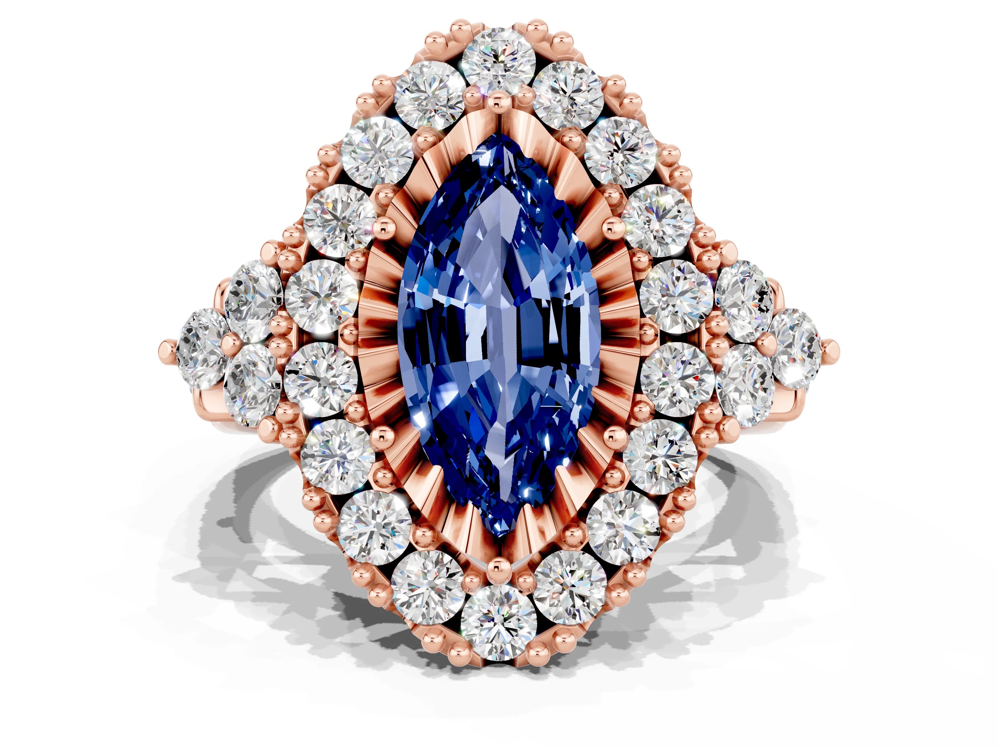 Rose gold Marquise Cut Blue Sapphire Halo Ring with Pavé Band and Four-Prong Setting_12
