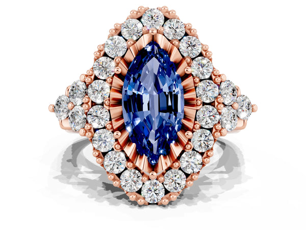 Rose gold Marquise Cut Blue Sapphire Halo Ring with Pavé Band and Four-Prong Setting