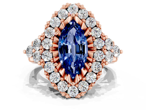 Rose gold Marquise Cut Blue Sapphire Halo Ring with Pavé Band and Four-Prong Setting_12
