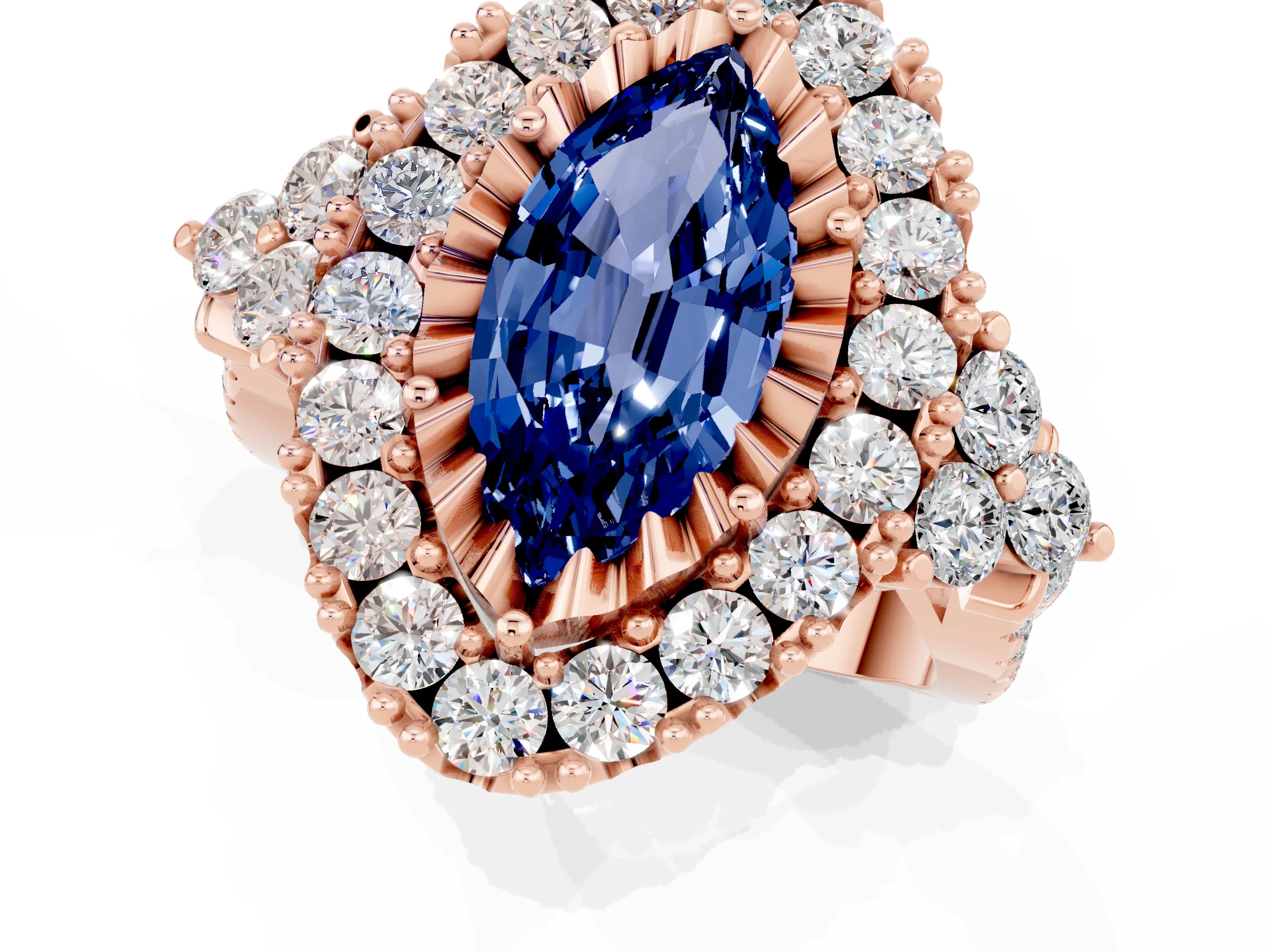 Rose gold Marquise Cut Blue Sapphire Halo Ring with Pavé Band and Four-Prong Setting_13