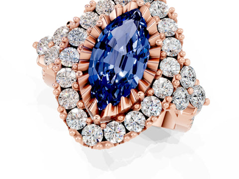 Rose gold Marquise Cut Blue Sapphire Halo Ring with Pavé Band and Four-Prong Setting_13